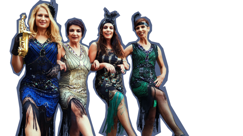 4 Frauen in 20er Jahre Kostümen tanzen